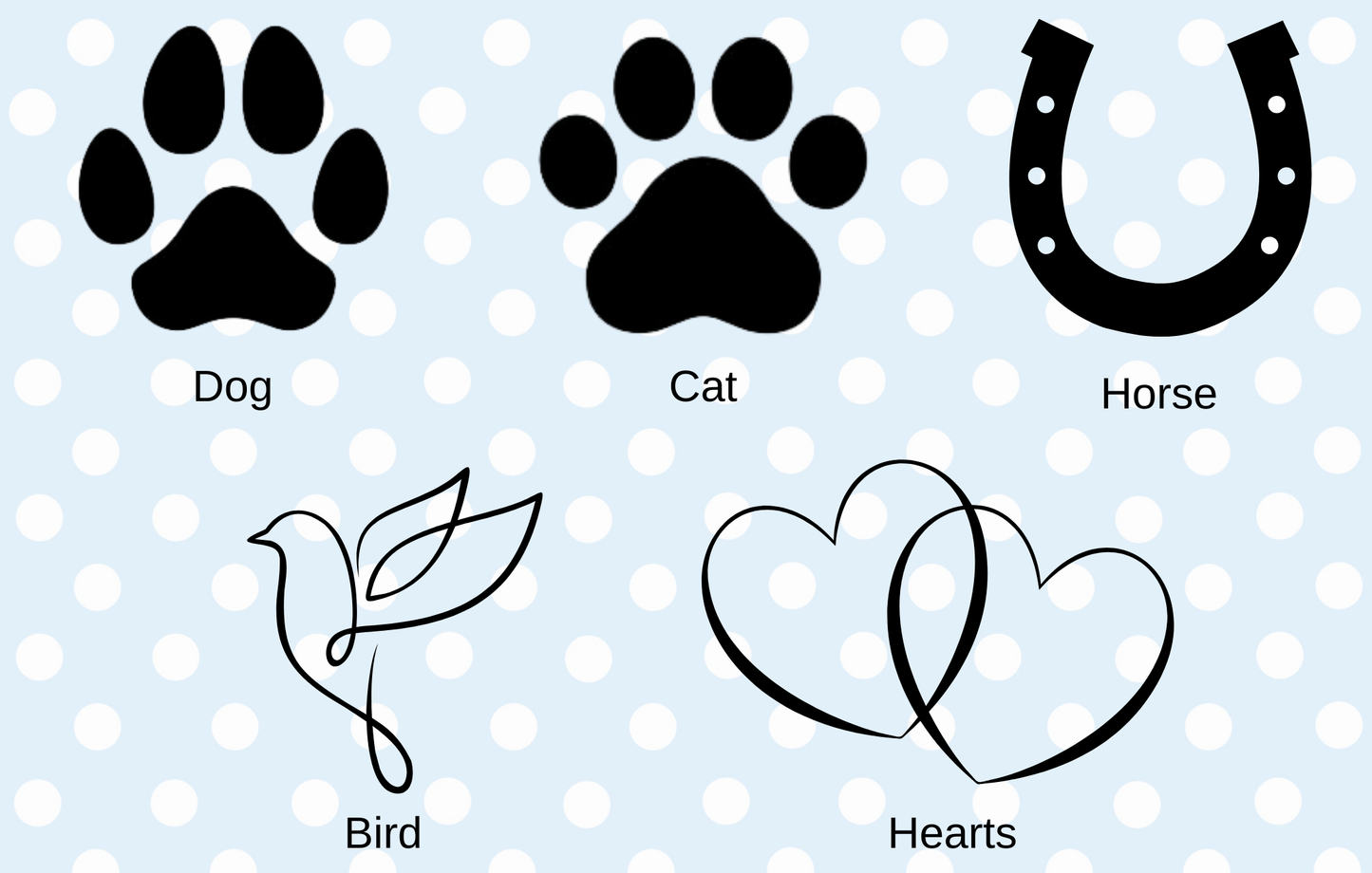 Set of animal paw prints, a horseshoe, a bird outline, and two heart shapes on a polka dot background.