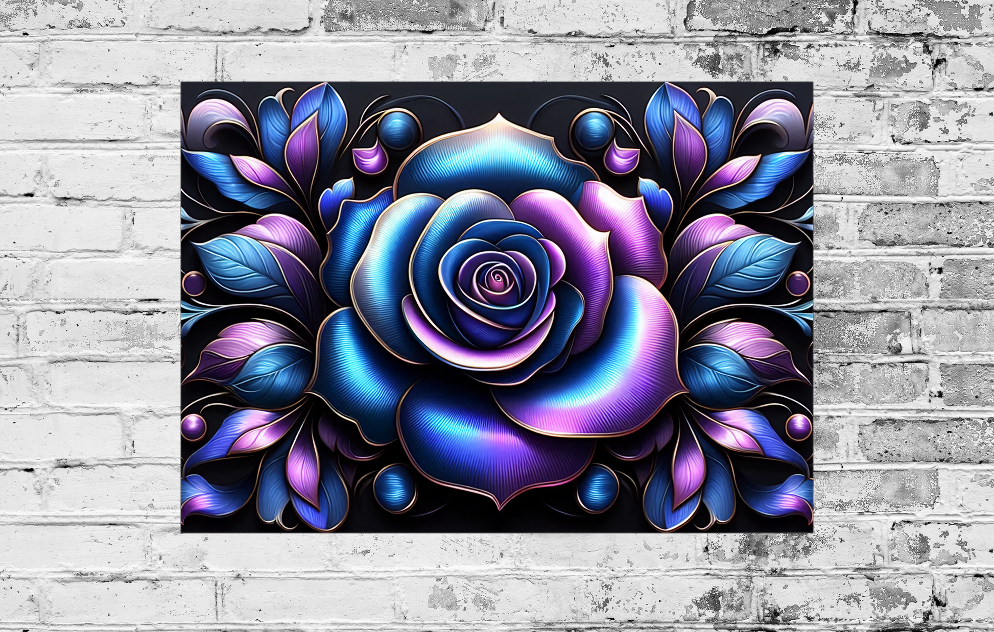 Colorful rose artwork on a brick wall background