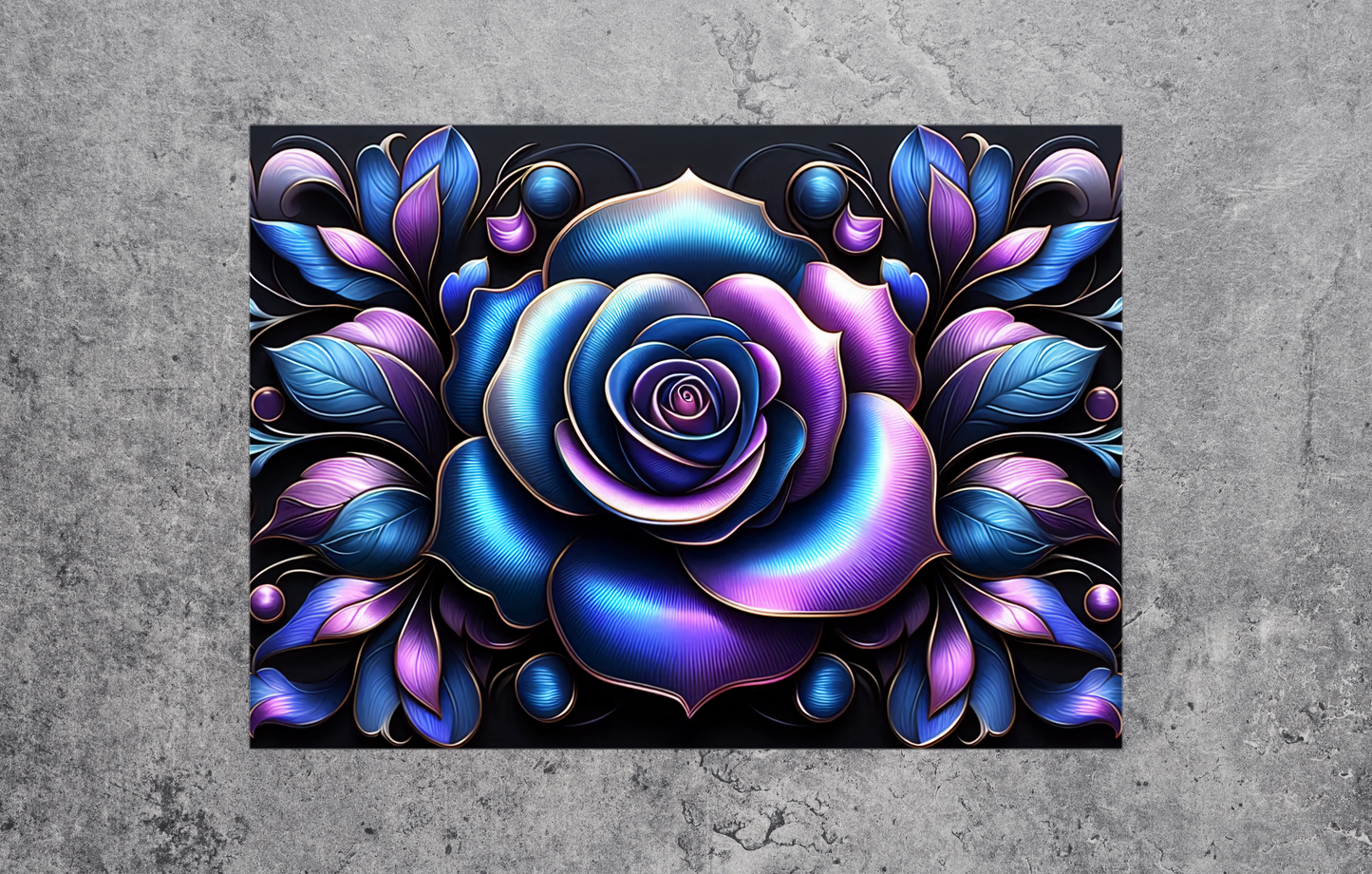 Colorful rose design on a textured gray surface