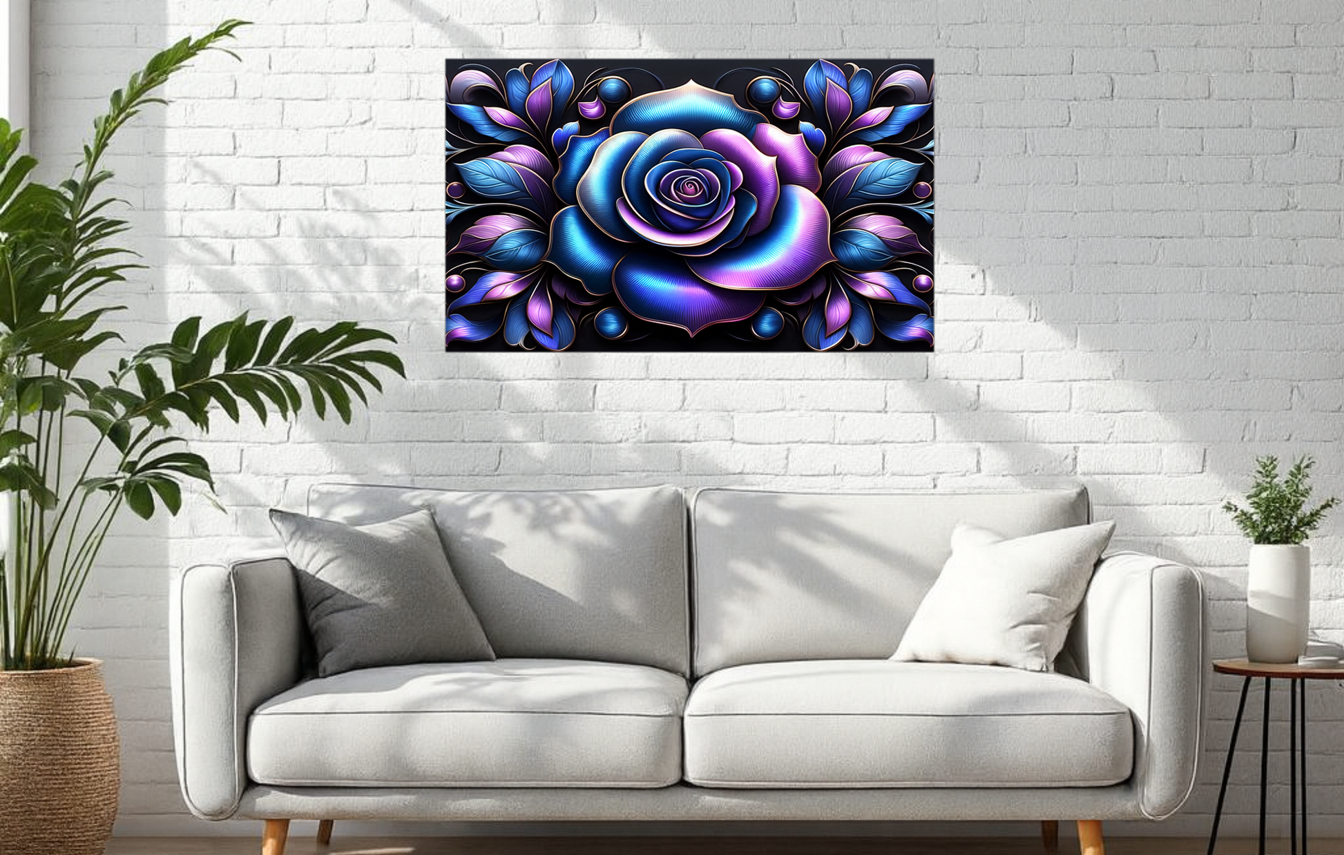 White sofa with a colorful abstract rose painting on a white brick wall