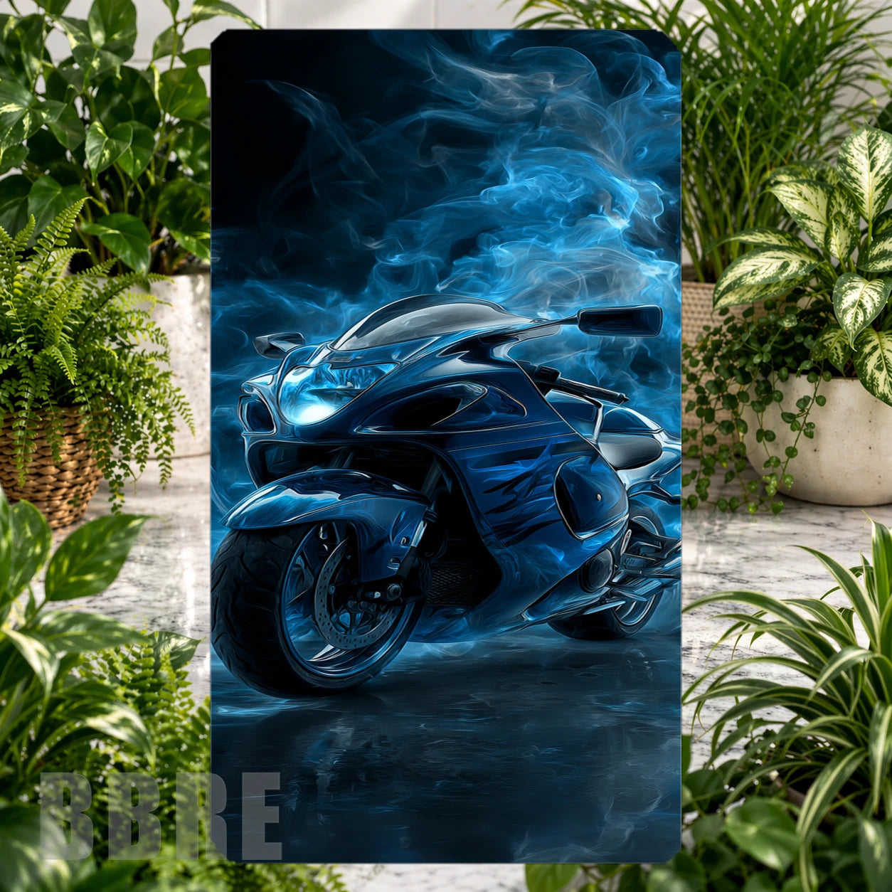 Blue Flame Motorcycle Product Tile, STRAIGHT: Blue Flame Motorcycle Product Mockup, SIDE ANGLE: Blue Flame Motorcycle Product Angle Shot