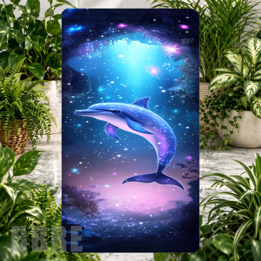 Cosmic Dolphin Product Tile, STRAIGHT: Cosmic Dolphin Product Mockup, SIDE ANGLE: Cosmic Dolphin Product Angle Shot