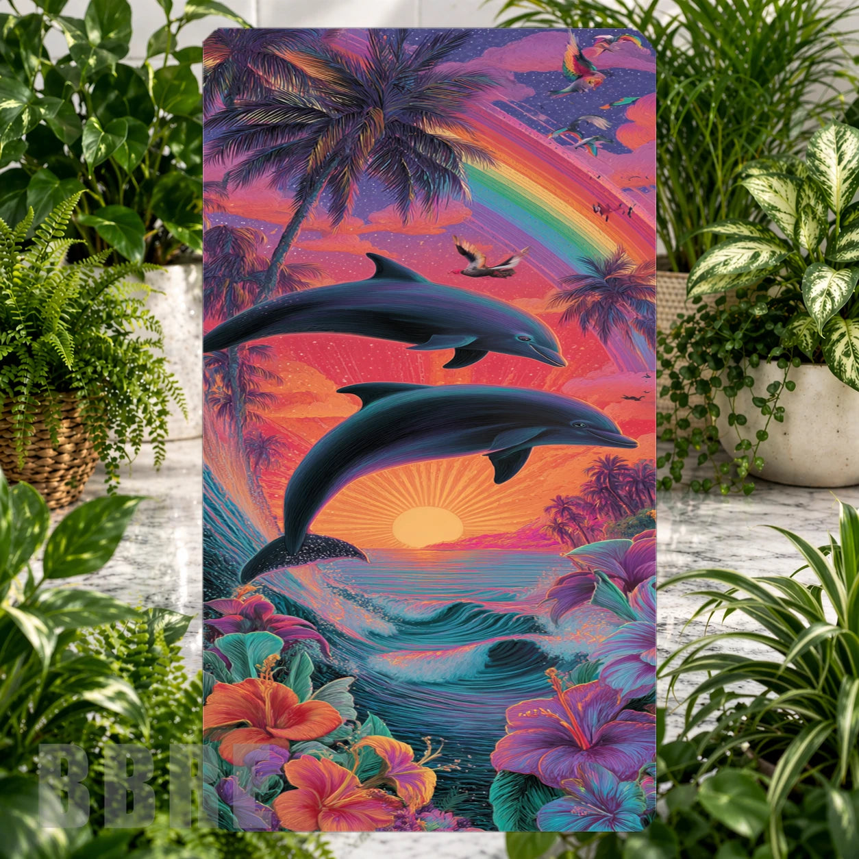 Dolphin Sunset Product Tile, STRAIGHT: Dolphin Sunset Product Mockup, SIDE ANGLE: Dolphin Sunset Product Angle Shot