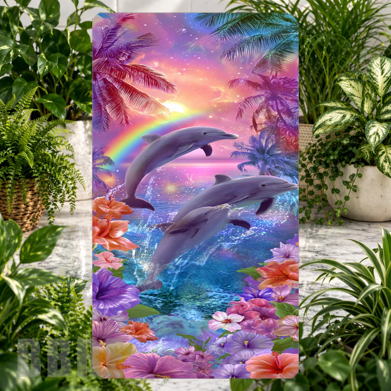 Dolphin Paradise Product Tile, STRAIGHT: Dolphin Paradise Product Mockup, SIDE ANGLE: Dolphin Paradise Product Angle Shot