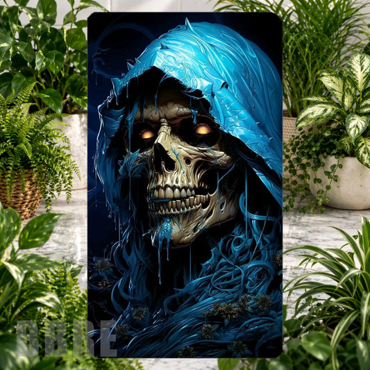 Blue Skull Product Tile, STRAIGHT: Blue Skull Product Mockup, SIDE ANGLE: Blue Skull Product Angle Shot
