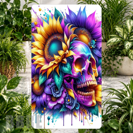 Vibrant Floral Skull Product Tile, STRAIGHT: Vibrant Floral Skull Product Mockup, SIDE ANGLE: Vibrant Floral Skull Product Angle Shot
