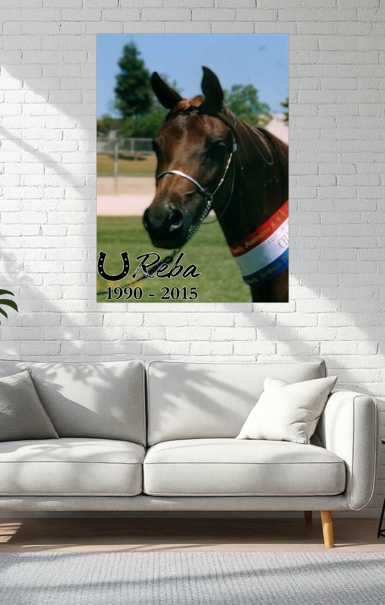 Poster of a horse with a ribbon on a wall above a white sofa