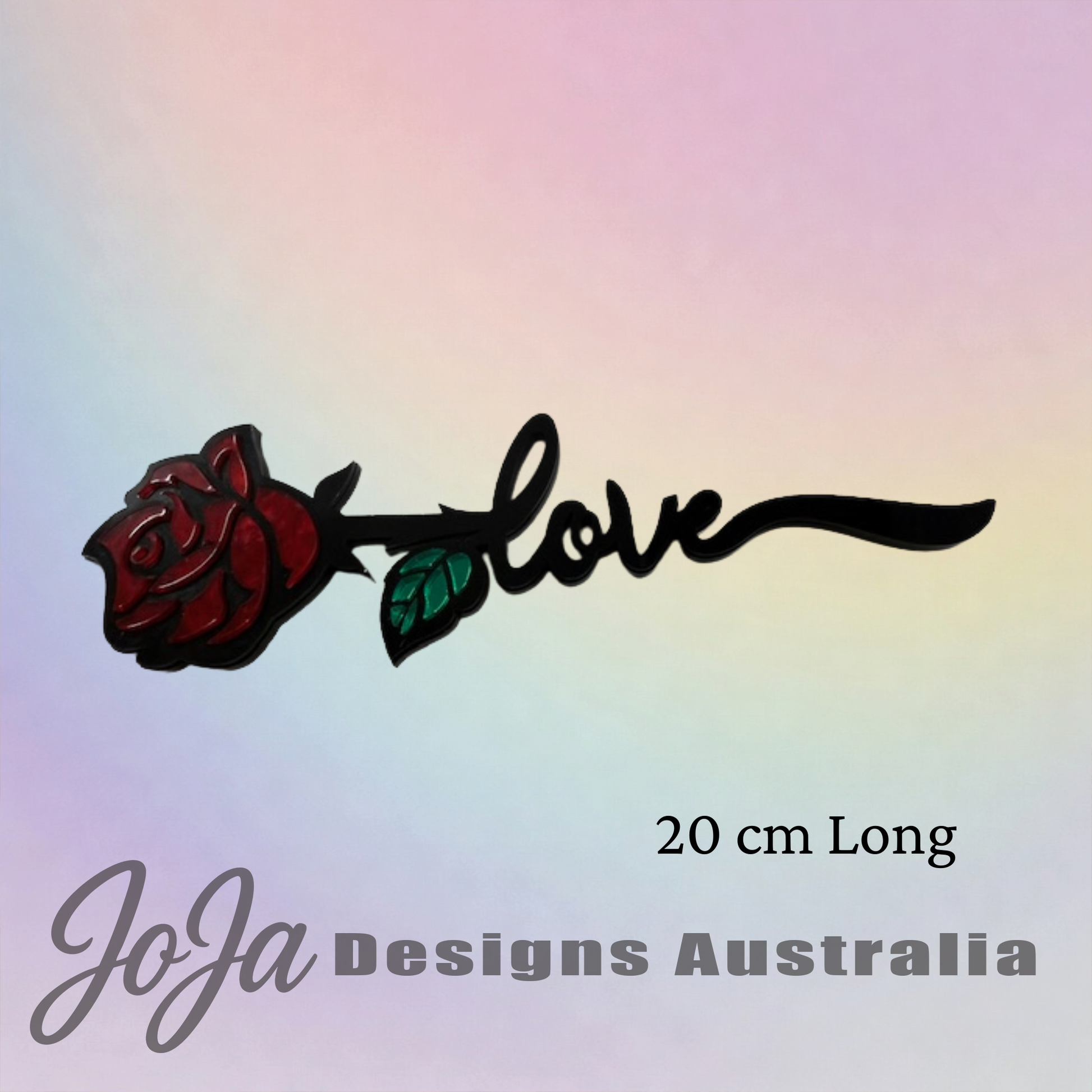 Decorative rose with 'love' text on a gradient background, featuring JoJa Designs Australia branding.