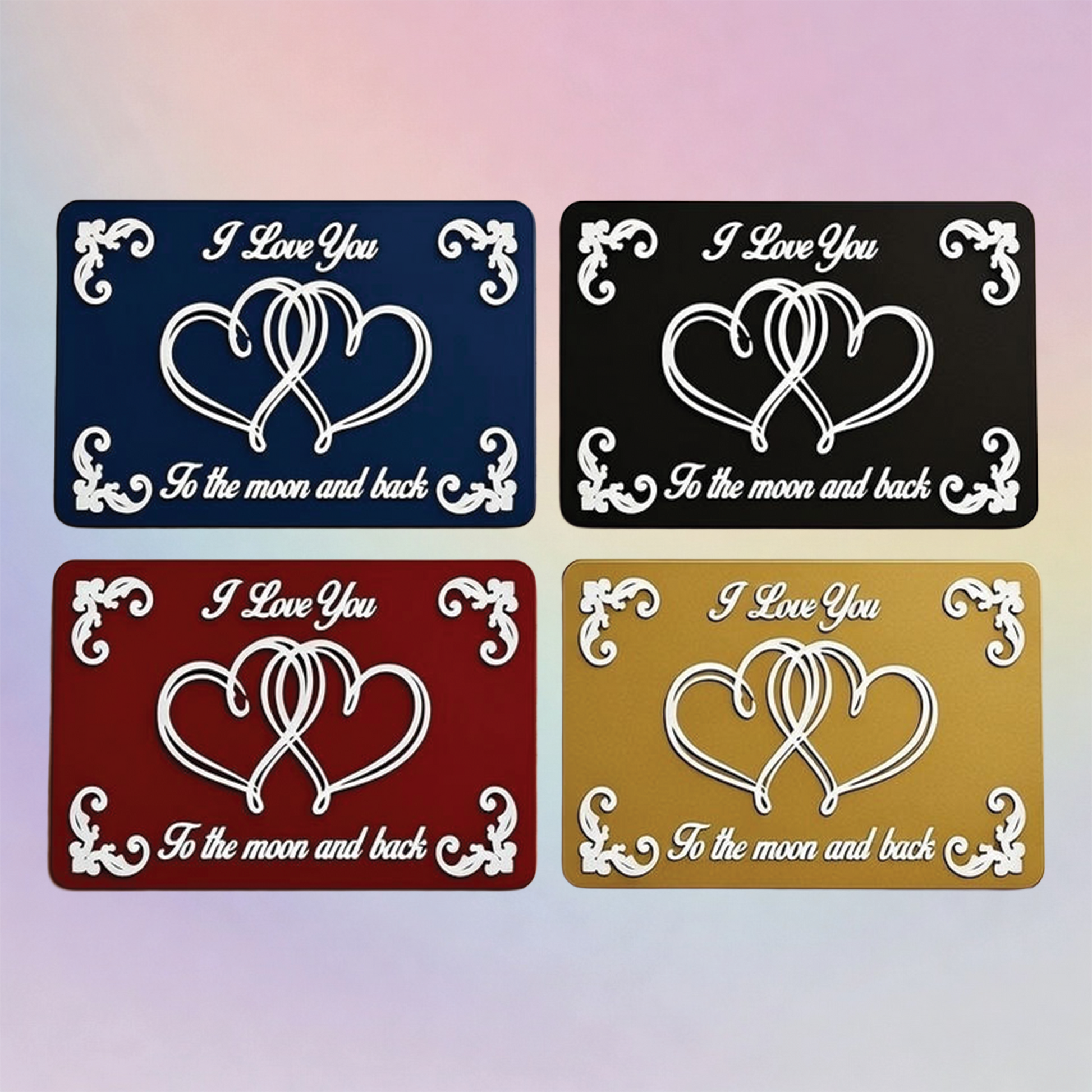Four decorative metal signs with 'I Love You' text and heart designs on a gradient background.