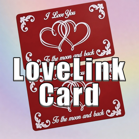 Red card with white text and hearts on a gradient background