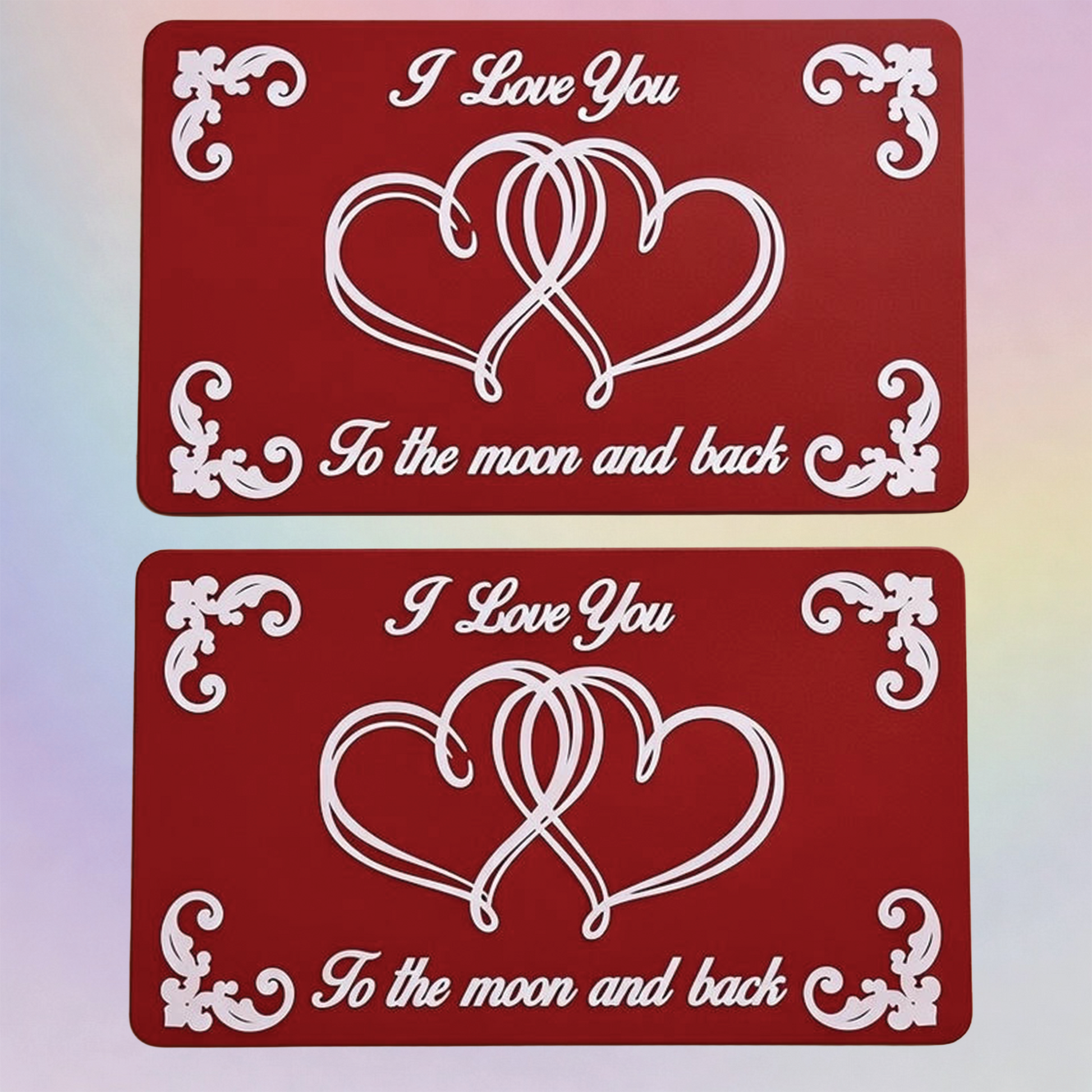 Two red cards with white hearts and text on a gradient background